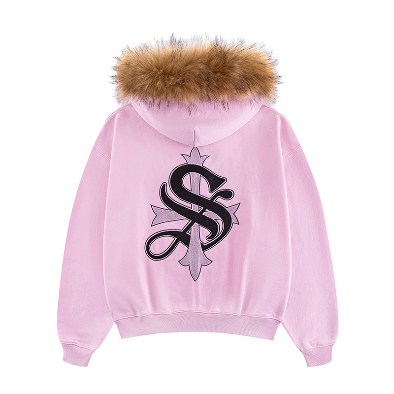 FAUX FUR CROSS ZIP HOODIE -PINK-