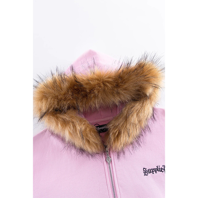 FAUX FUR CROSS ZIP HOODIE -PINK-
