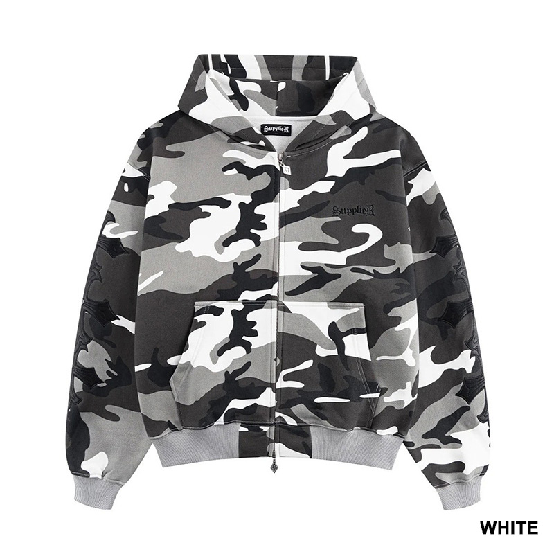CAMOUFLAGE CROSS LEATHER PATCH ZIP HOODIE -2.COLOR-