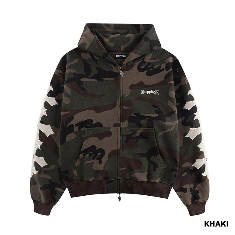 CAMOUFLAGE CROSS LEATHER PATCH ZIP HOODIE -2.COLOR-