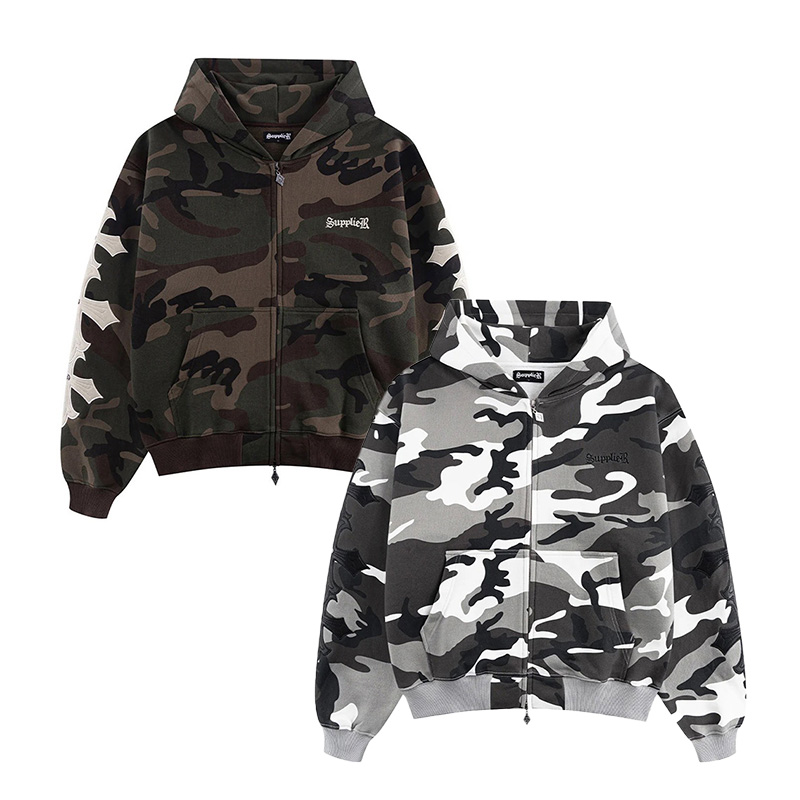 CAMOUFLAGE CROSS LEATHER PATCH ZIP HOODIE -2.COLOR-
