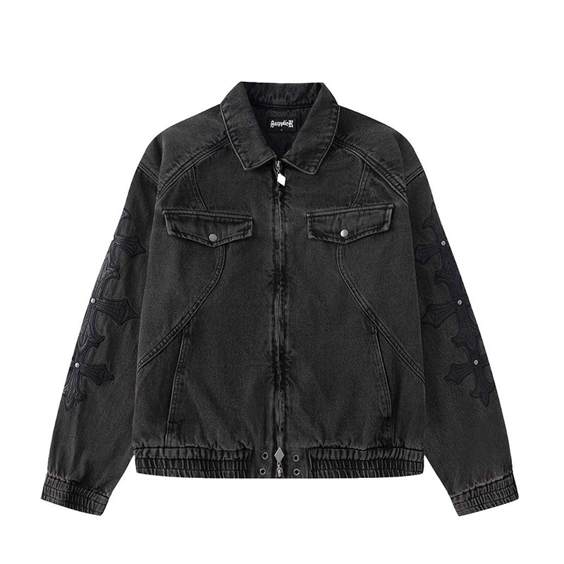 CROSS LETHER PATCH DENIM JACKET -BLACK-