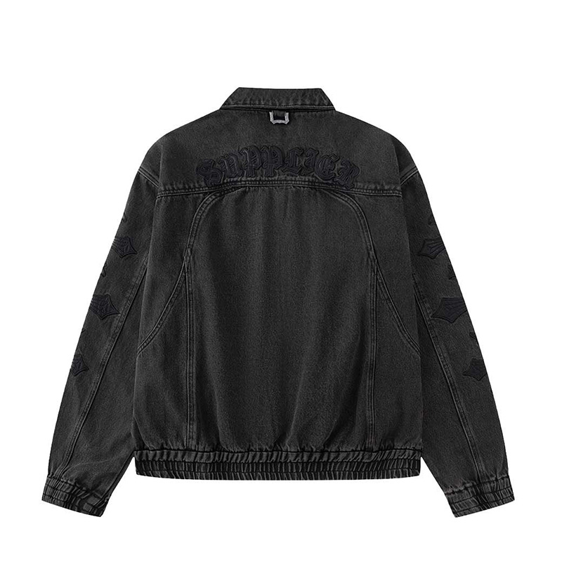 CROSS LETHER PATCH DENIM JACKET -BLACK-