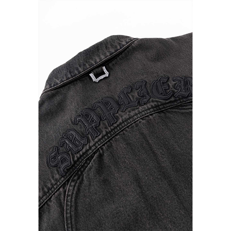 CROSS LETHER PATCH DENIM JACKET -BLACK-