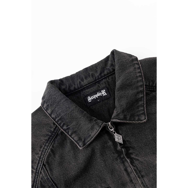 CROSS LETHER PATCH DENIM JACKET -BLACK-