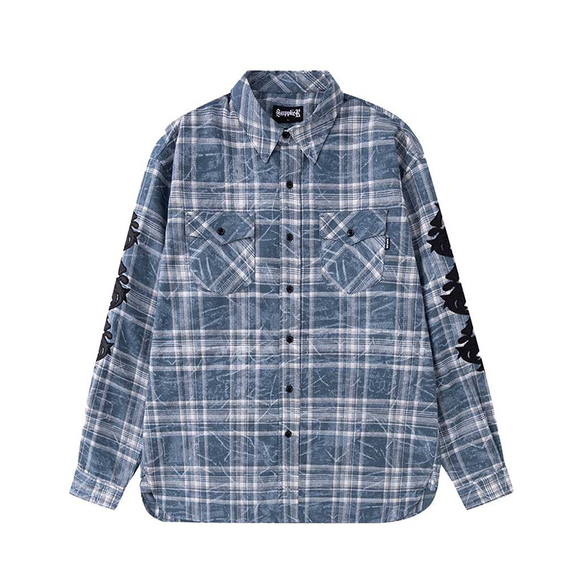 CROSS LEATHER PATCH VINTAGE CHECK SHIRT -BLUE-