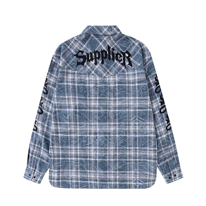 CROSS LEATHER PATCH VINTAGE CHECK SHIRT -BLUE-