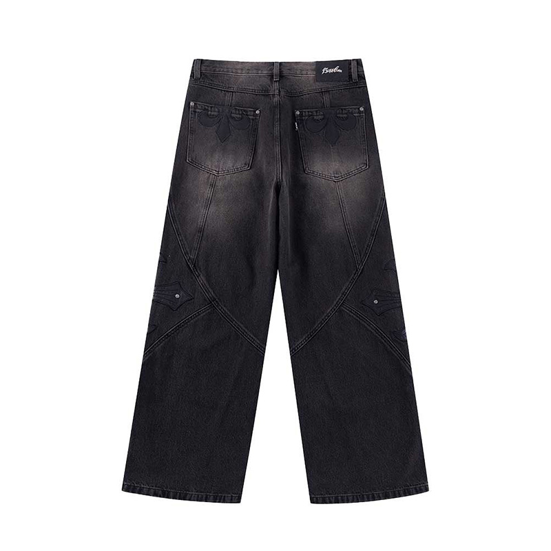 CROSS LEATHER PATCH BAGGY DENIM PANTS -2.COLOR-