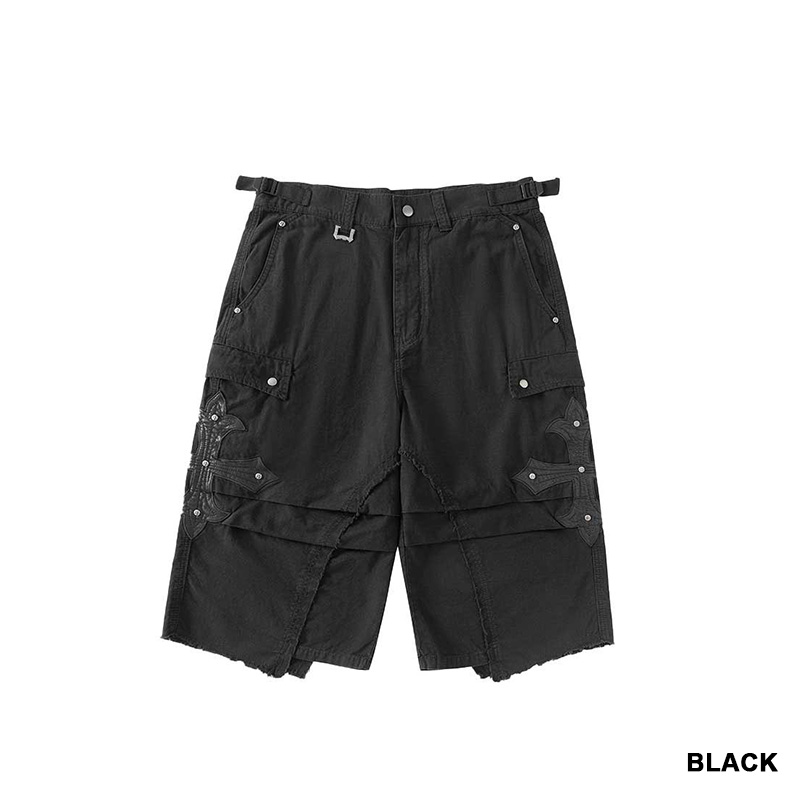 CROSS LEATHER PATCH BAGGY SHORTS -2.COLOR-