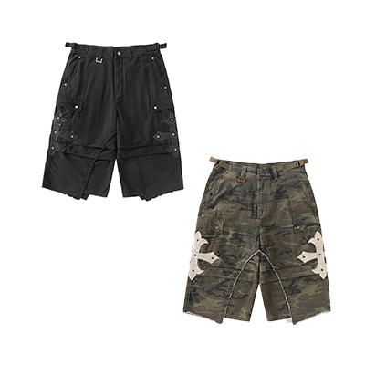 CROSS LEATHER PATCH BAGGY SHORTS -2.COLOR-