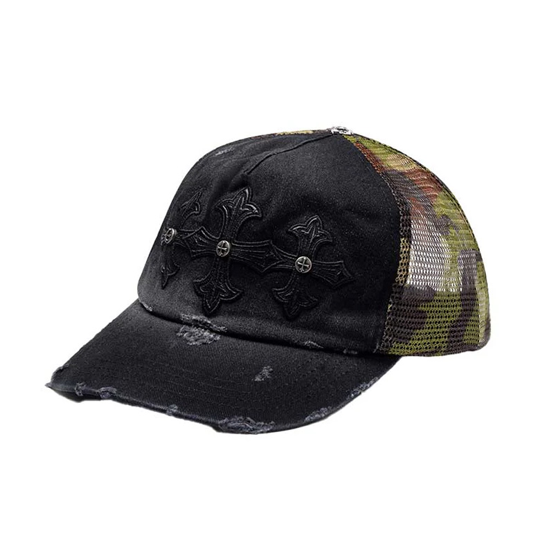 CAMOUFLAGE CROSS LEATHER PATCH MESH CAP -BLACK-