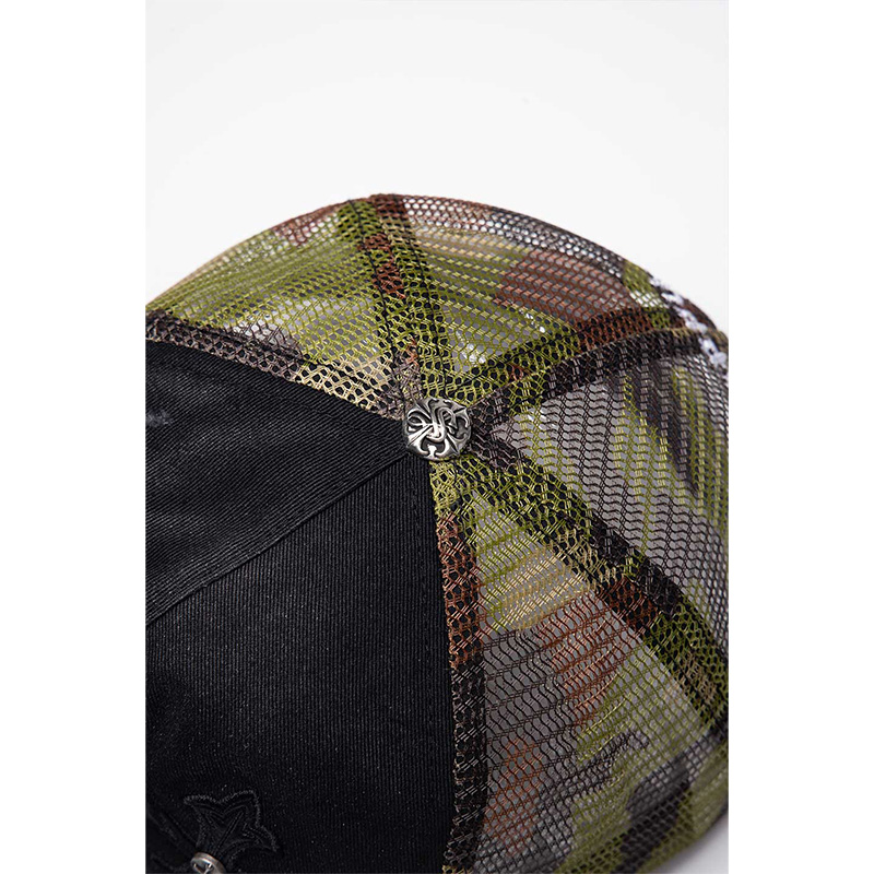 CAMOUFLAGE CROSS LEATHER PATCH MESH CAP -BLACK-