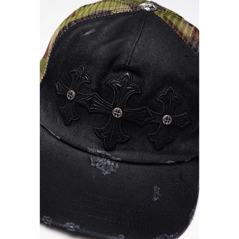 CAMOUFLAGE CROSS LEATHER PATCH MESH CAP -BLACK-