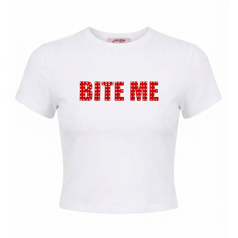 BITE ME RHINESTONE CROPPED TEE -WHITE-