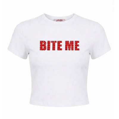 BITE ME RHINESTONE CROPPED TEE -WHITE-