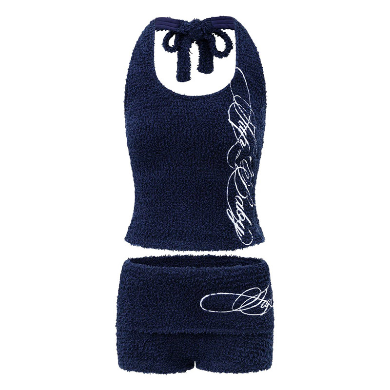 EYELASH KNIT HALTERNECK TANK & SHORTS -NAVY-