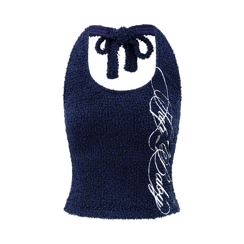 EYELASH KNIT HALTERNECK TANK & SHORTS -NAVY-