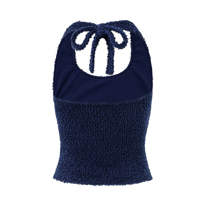 EYELASH KNIT HALTERNECK TANK & SHORTS -NAVY-