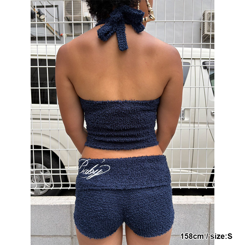 EYELASH KNIT HALTERNECK TANK & SHORTS -NAVY-