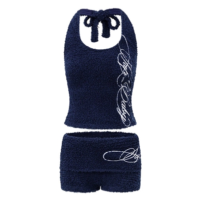 EYELASH KNIT HALTERNECK TANK & SHORTS -NAVY-