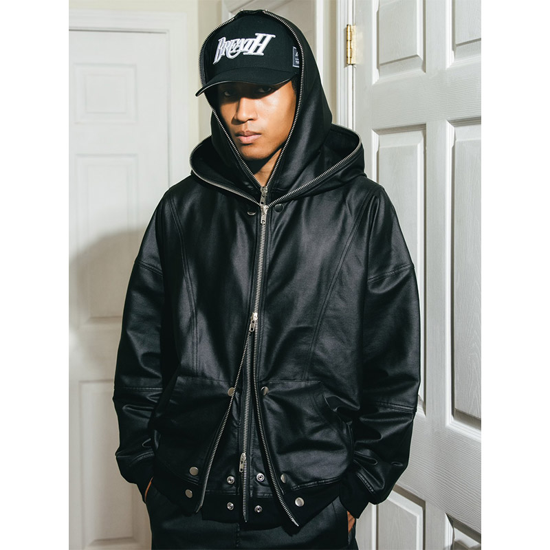 COATING DOUBLE LAYERED HOODIE -BLACK-