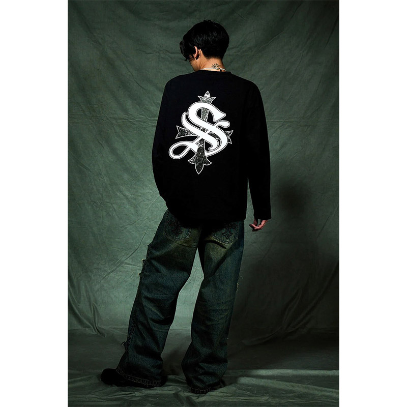 CROSS RHINESTONE LONG SLEEVE TEE -3.COLOR-