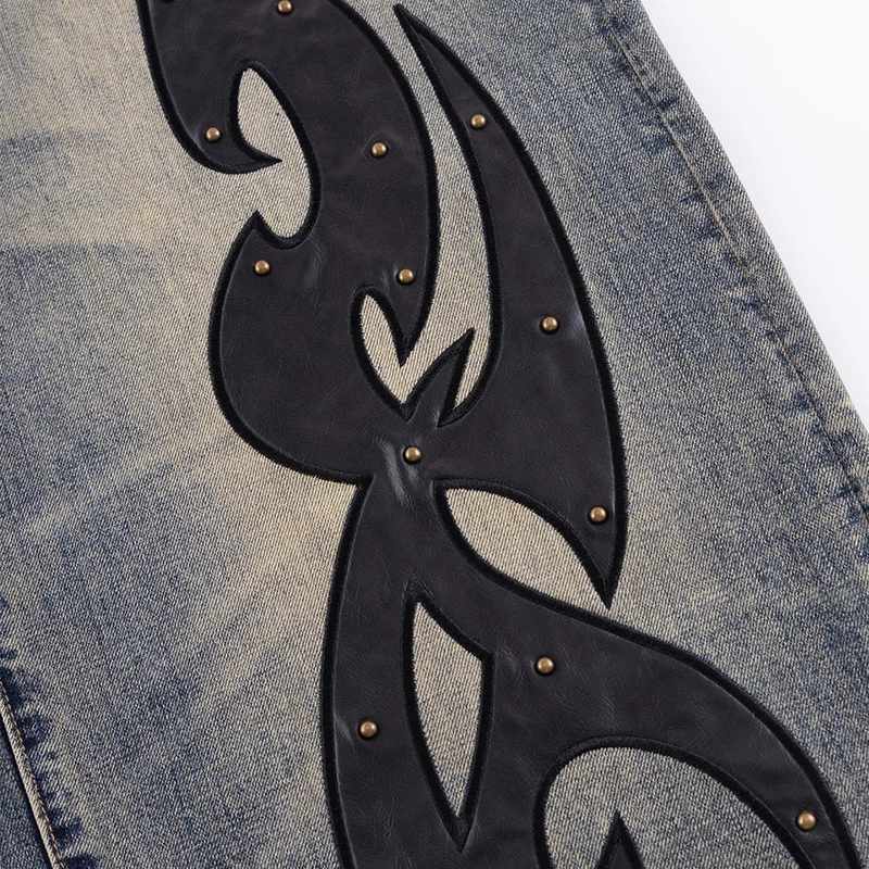 STUDS TRIBAL LEATHER PATCH CURVE DENIM -2.COLOR-