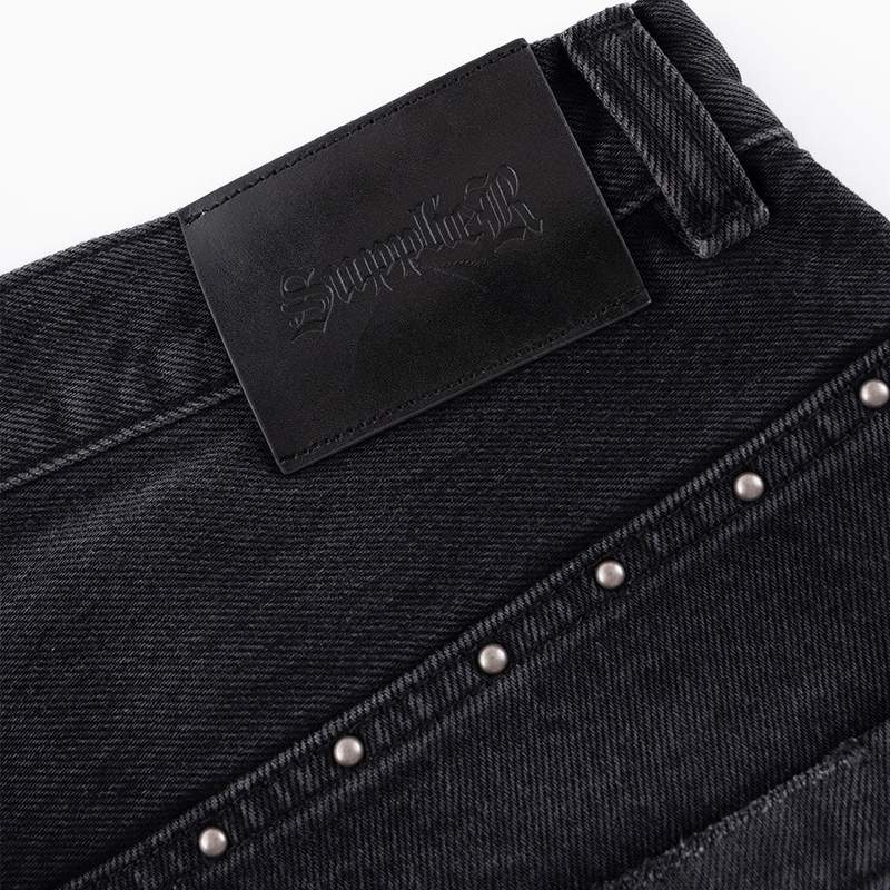 STUDS TRIBAL LEATHER PATCH CURVE DENIM -2.COLOR-