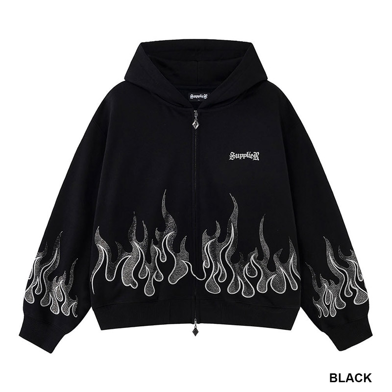 FIRE PATTERN RHINESTONE ZIP HOODIE -2.COLOR-