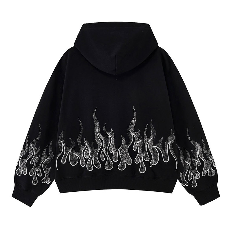 FIRE PATTERN RHINESTONE ZIP HOODIE -2.COLOR-