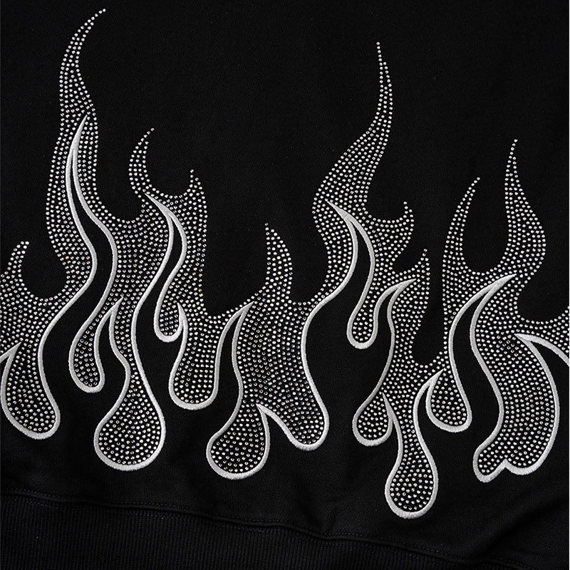 FIRE PATTERN RHINESTONE ZIP HOODIE -2.COLOR-