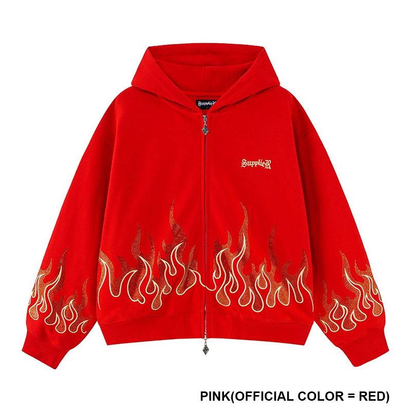 FIRE PATTERN RHINESTONE ZIP HOODIE -2.COLOR-