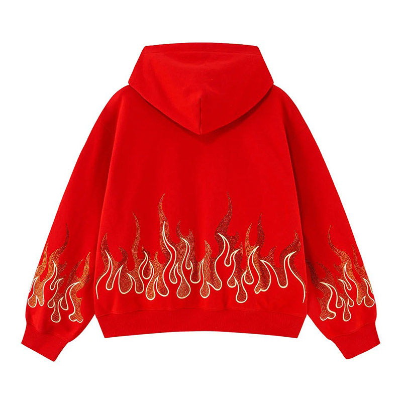 FIRE PATTERN RHINESTONE ZIP HOODIE -2.COLOR-