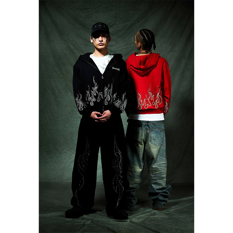 FIRE PATTERN RHINESTONE ZIP HOODIE -2.COLOR-