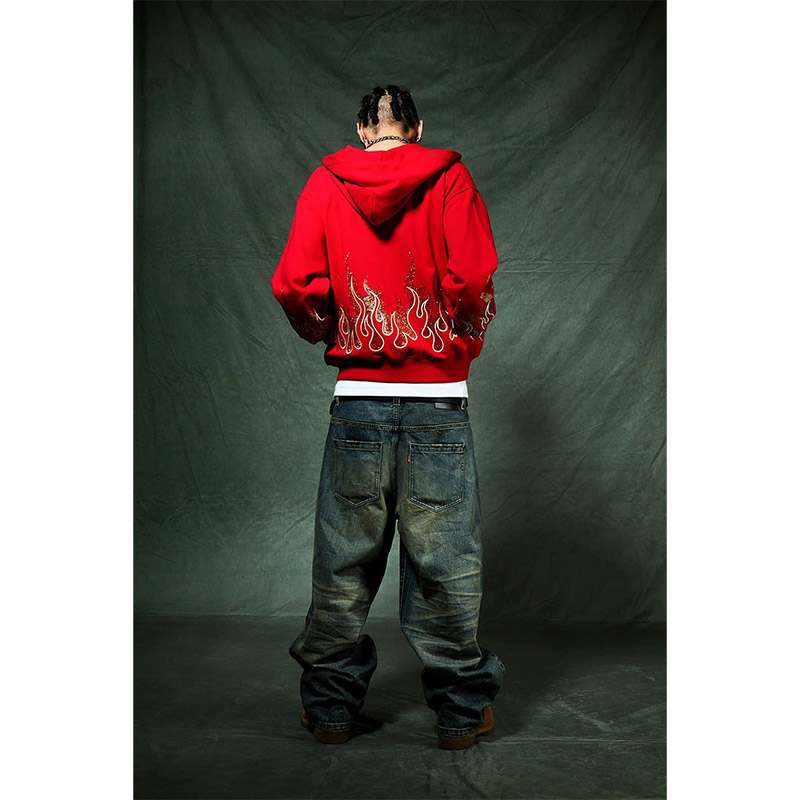 FIRE PATTERN RHINESTONE ZIP HOODIE -2.COLOR-