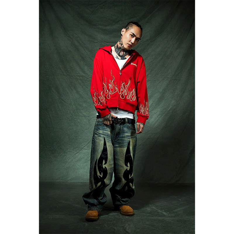 FIRE PATTERN RHINESTONE ZIP HOODIE -2.COLOR-