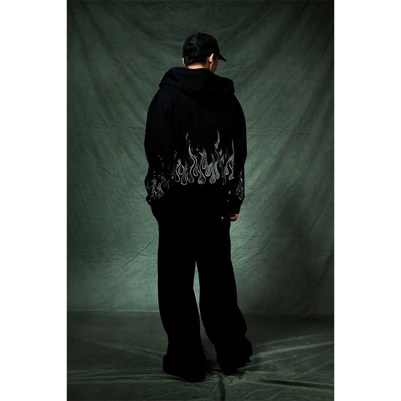 FIRE PATTERN RHINESTONE ZIP HOODIE -2.COLOR-
