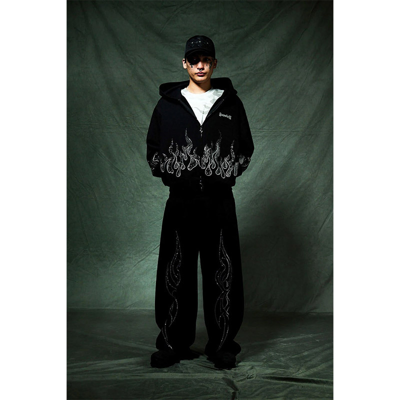 FIRE PATTERN RHINESTONE ZIP HOODIE -2.COLOR-