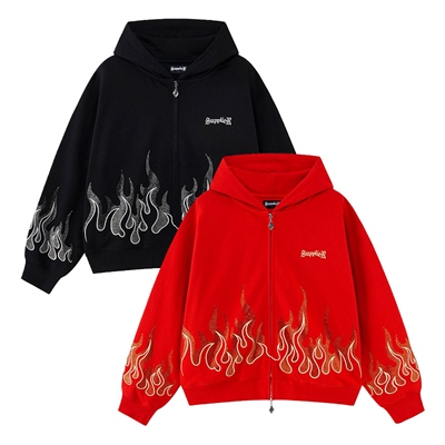 FIRE PATTERN RHINESTONE ZIP HOODIE -2.COLOR-
