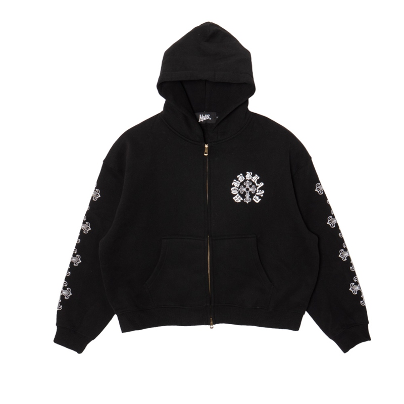 CROSS SLEEVE BOXY ZIP HOODIE -BLACK-