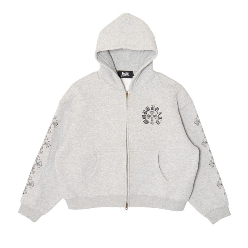 CROSS SLEEVE BOXY ZIP HOODIE -GREY-