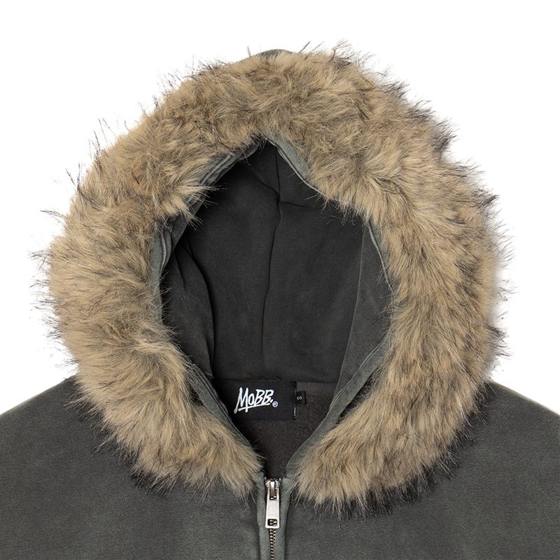 OG BRASS BOXY FUR ZIP HOODIE -BLACK-