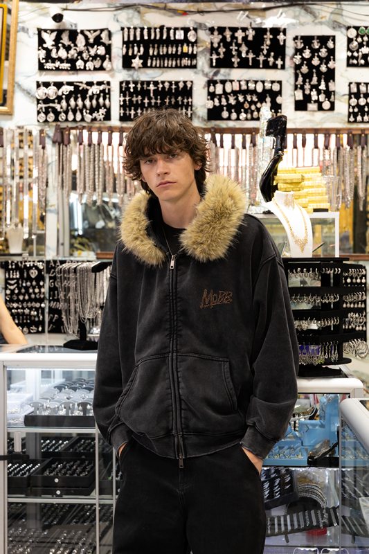 OG BRASS BOXY FUR ZIP HOODIE -BLACK-