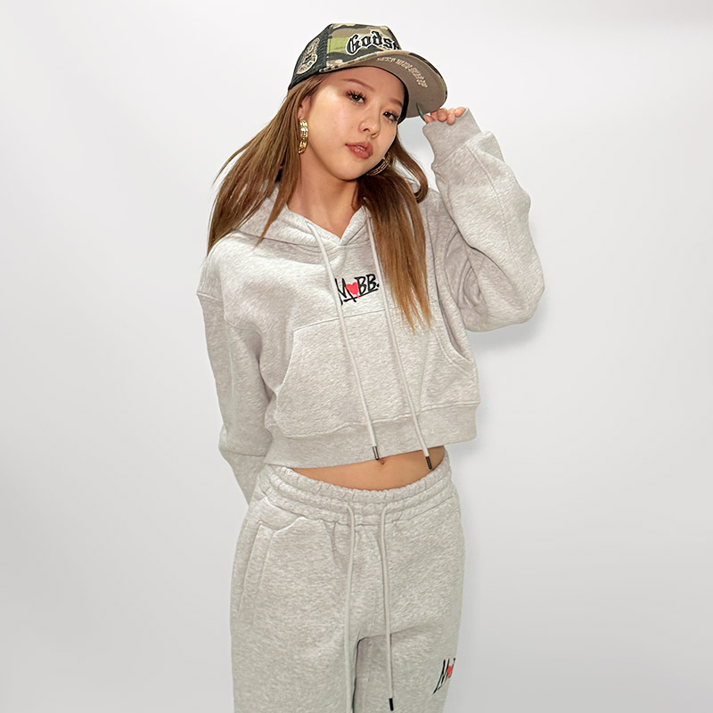HEART DRIP CROPPED HOODIE -GREY- (LADIES)