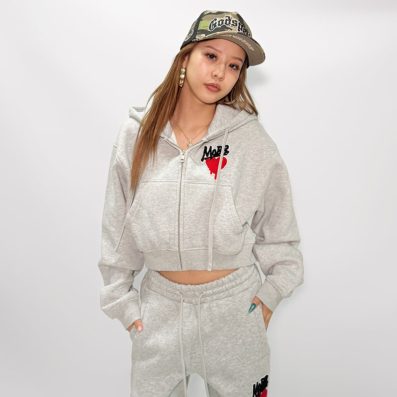 HEART DRIP WAPPEN ZIP HOODIE -GREY- (LADIES)