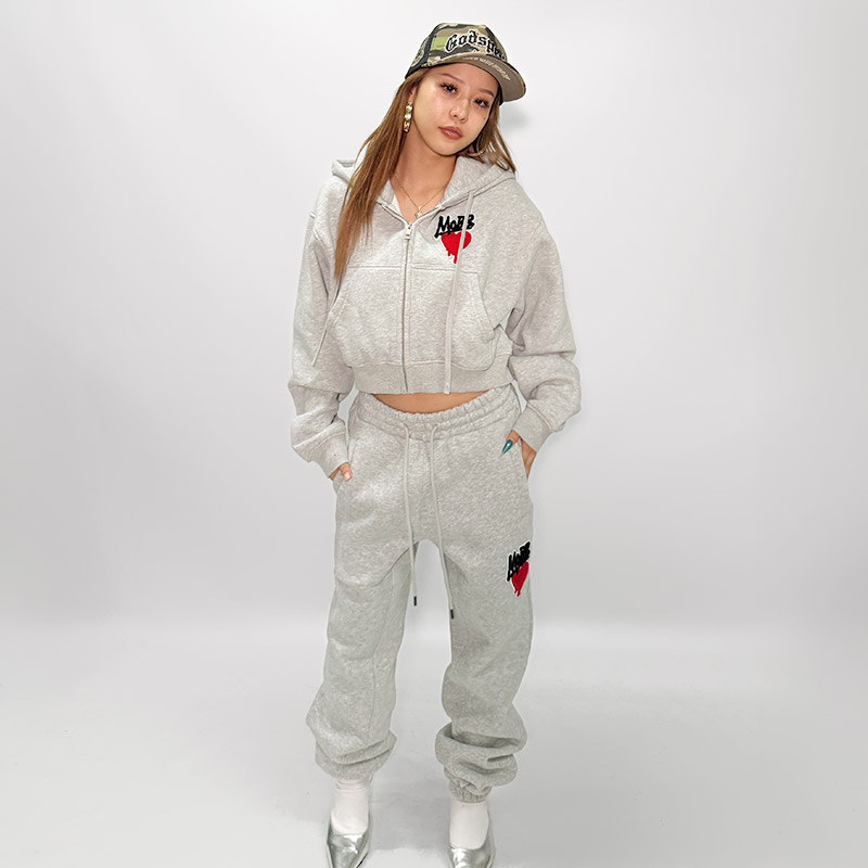 HEART DRIP WAPPEN ZIP HOODIE -GREY- (LADIES)