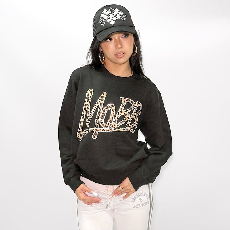 OG TRIM STONE LEOPARD CREW SWEAT -BLACK- (LADIES)