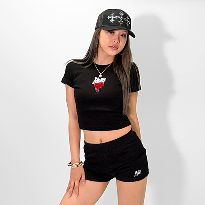HEART DRIP STONE CROPPED T-SHIRT -BLACK-(LADIES/KIDS)