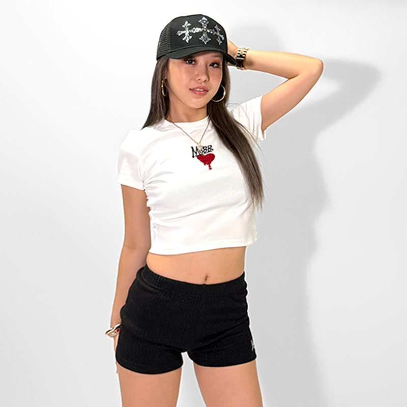 HEART DRIP STONE CROPPED T-SHIRT -WHITE-(LADIES/KIDS)