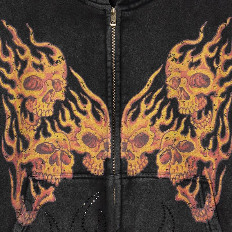 FLAME SKULL ZIP HOODIE -BLACK-